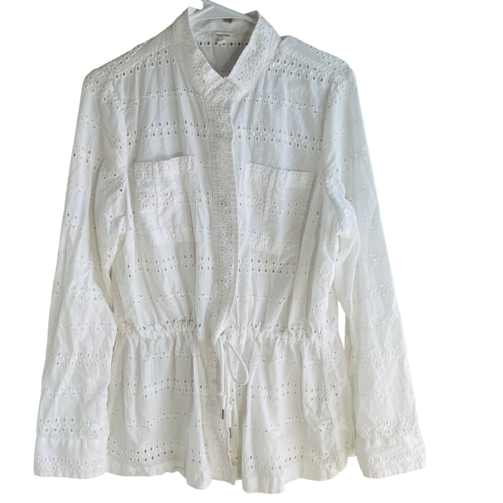 Maurices White Eyelet Snap Up Shirt Drawstring Waist Cotton Cottagecore  Size 0